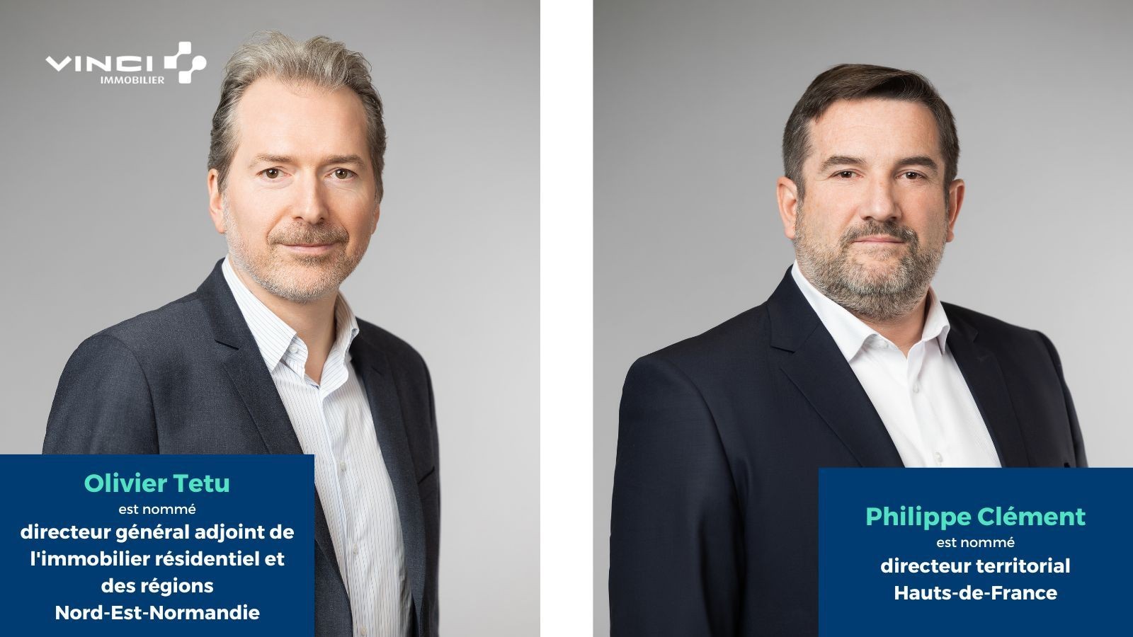 Olivier Têtu et Philippe Clément prennent la succession d'Alain Navello à la direction de Vinci Immobilier Nord Est Normandie.